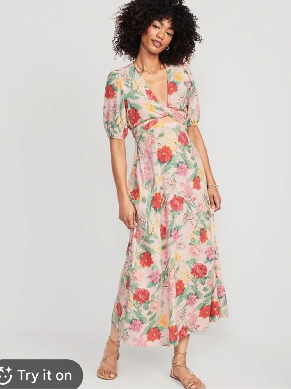 Old Navy Pink Floral Print Fit & Flare Wrap Tie Maxi Dress Linen Blend Small
